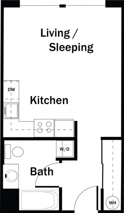 Floor plan for studio, 1 bath, 401 sqft